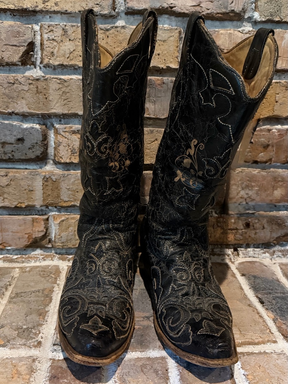Corral Black Distressed Leather Lizard Inlay Snip Toe Western Cowboy Boots S 8.5
